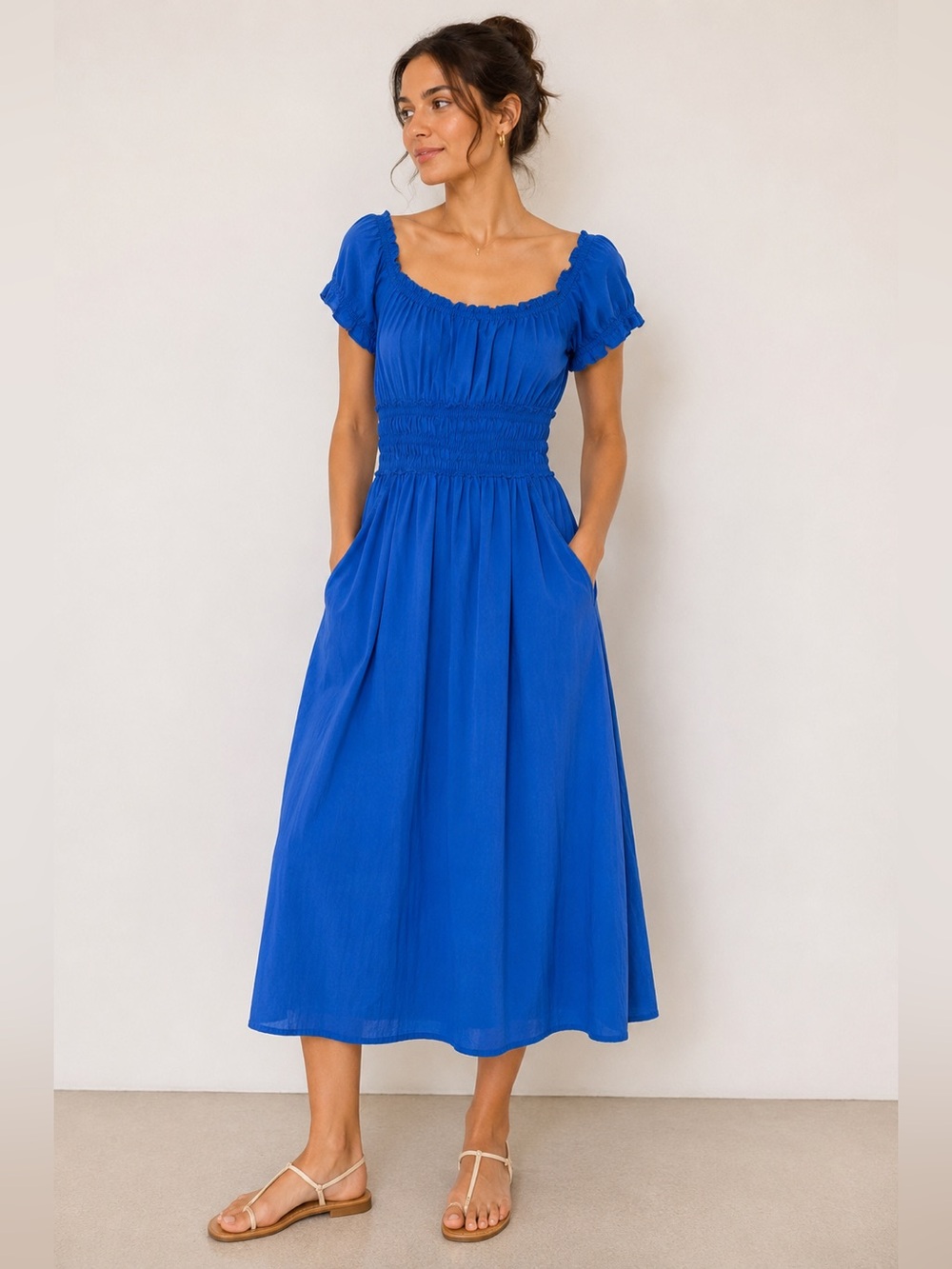 H&M Bright Blue Puff-Sleeve Smocked Waist Girls' Dress